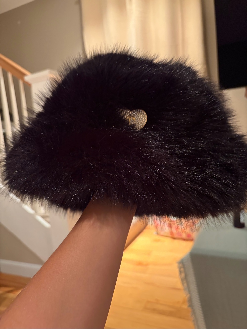 Juicy Couture Black Faux Fur Hat with Crystal Heart Pin